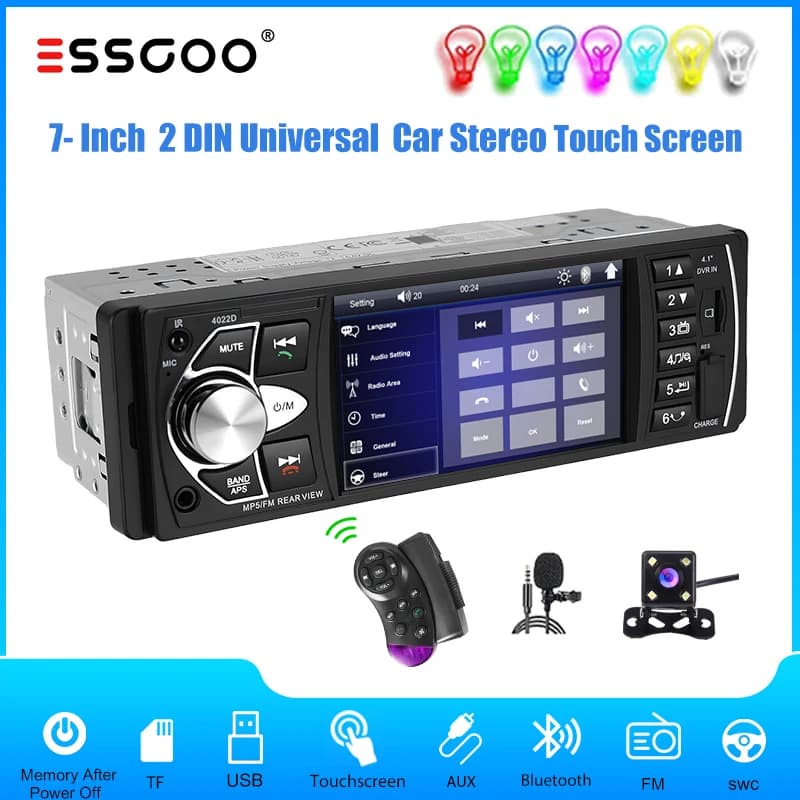 ESSGOO 4.1"Universal 1 DIN capacitive IPS digital display Multimedia MP5 Car Stereo Radio BT USB AUX TF FM SWC 7Colors Handsfree