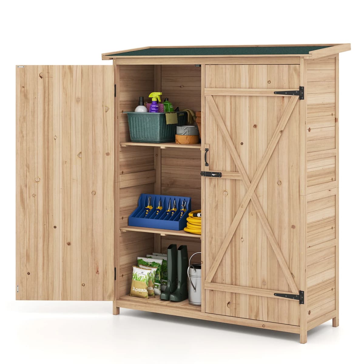 Outdoor Storage Shed, Solid Wood Tool Shed Organizer with Water-Resistant Sloped Asphalt Roof Removable Shelves & Lockable Doors