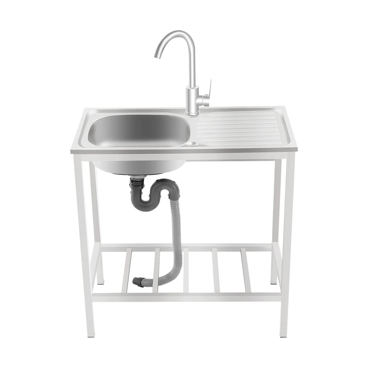 Freestanding Sink with Operation Countertop and Bottom Shelf Stainless Steel Kitchen Single Bowl Sink w/Faucet+Drainpipe 35*31cm