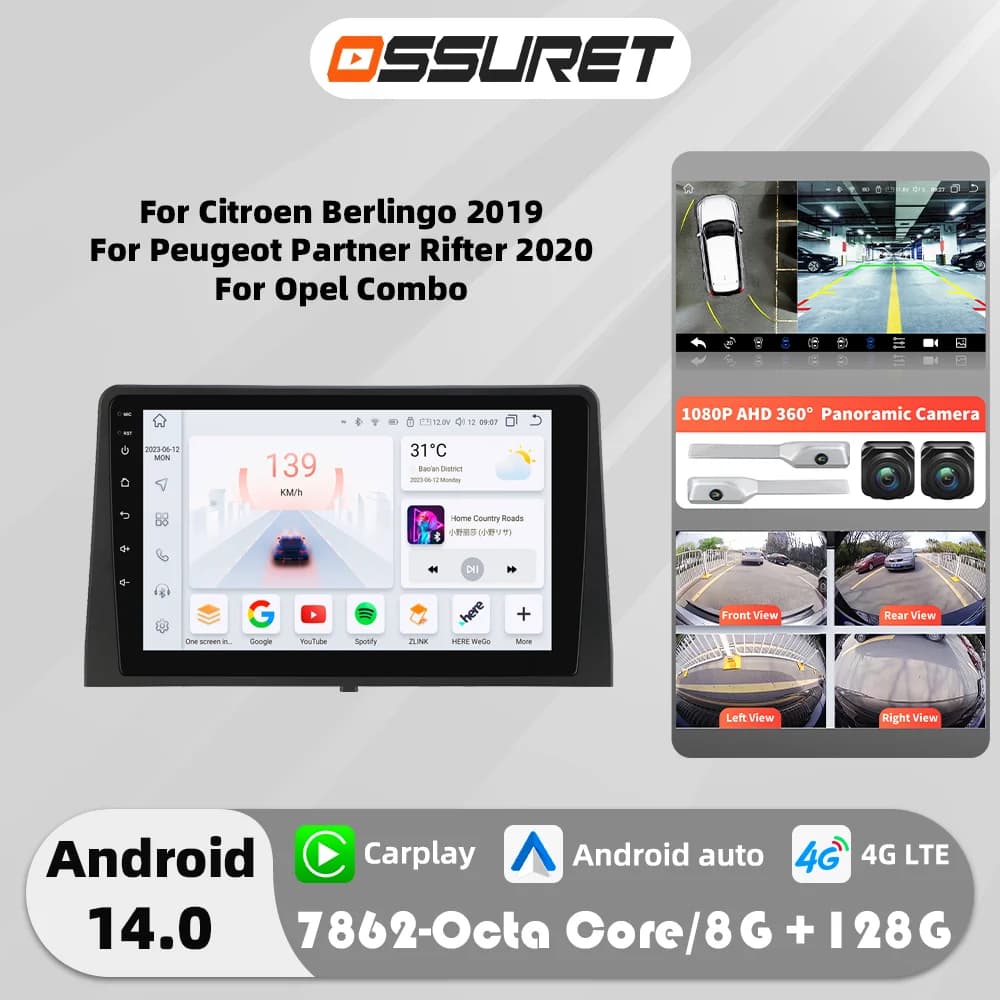 Android 14 Car Radio for Citroen Berlingo 2019 Peugeot Partner Rifter 2020 Opel Combo Multimedia Player 2Din 360 Cam Carplay Gps