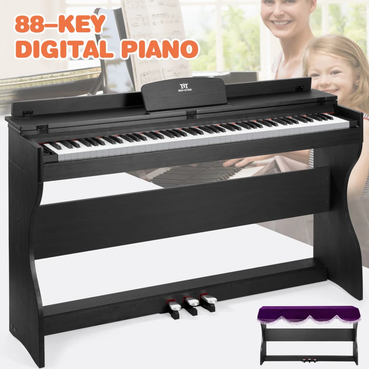 MUSTAR Digital Piano 88 Keys Semi Weighted keyboard Electric Piano Set with 3 Pedals Ideal Entry Level Set Black Wood Optics