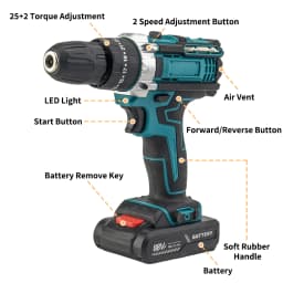 25+3 Torque Electric Impact Screwdriver Multifunctional Setting 2 Gear Speed Cordless Drill Electric Screwdriver with 2Batteries