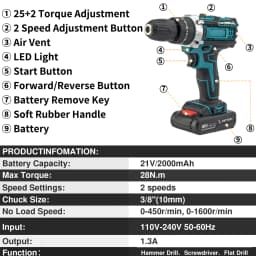 25+3 Torque Electric Impact Screwdriver Multifunctional Setting 2 Gear Speed Cordless Drill Electric Screwdriver with 2Batteries