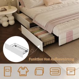 Anajqaqia Velvet Upholstered Bed Frame with Storage Drawers, LED and USB Ports, Pinkish White, Dimensions: 140x190cm