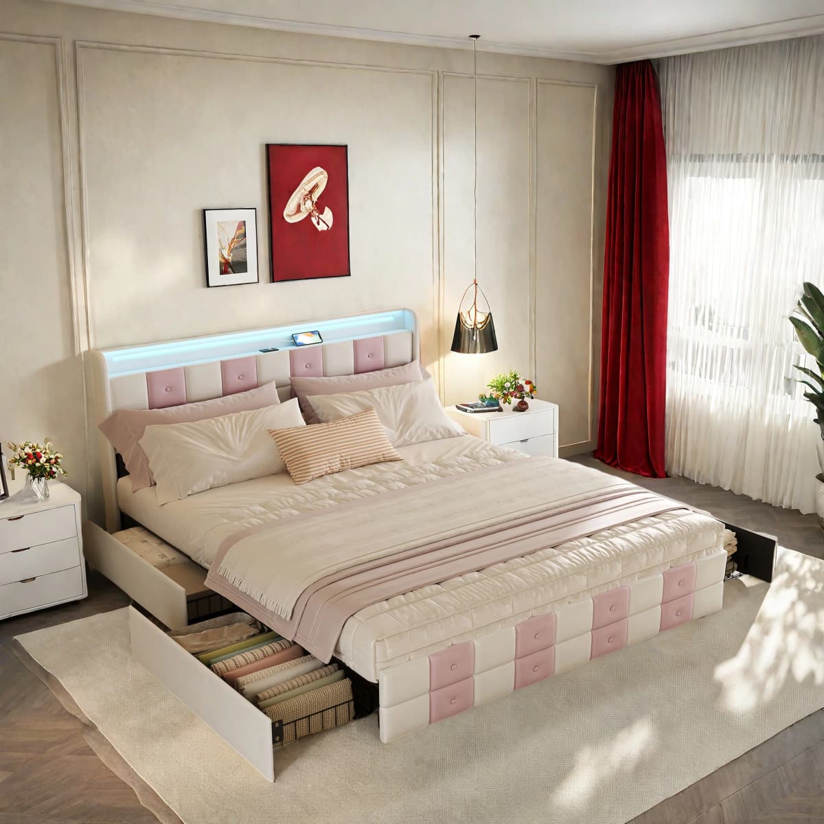Anajqaqia Velvet Upholstered Bed Frame with Storage Drawers, LED and USB Ports, Pinkish White, Dimensions: 140x190cm