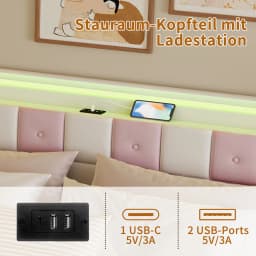 Anajqaqia Velvet Upholstered Bed Frame with Storage Drawers, LED and USB Ports, Pinkish White, Dimensions: 140x190cm