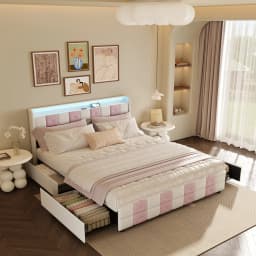 Anajqaqia Velvet Upholstered Bed Frame with Storage Drawers, LED and USB Ports, Pinkish White, Dimensions: 140x190cm