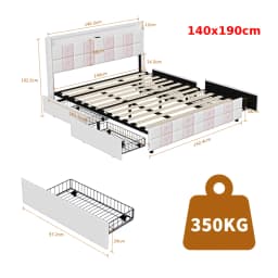 Anajqaqia Velvet Upholstered Bed Frame with Storage Drawers, LED and USB Ports, Pinkish White, Dimensions: 140x190cm