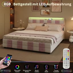 Anajqaqia Velvet Upholstered Bed Frame with Storage Drawers, LED and USB Ports, Pinkish White, Dimensions: 140x190cm