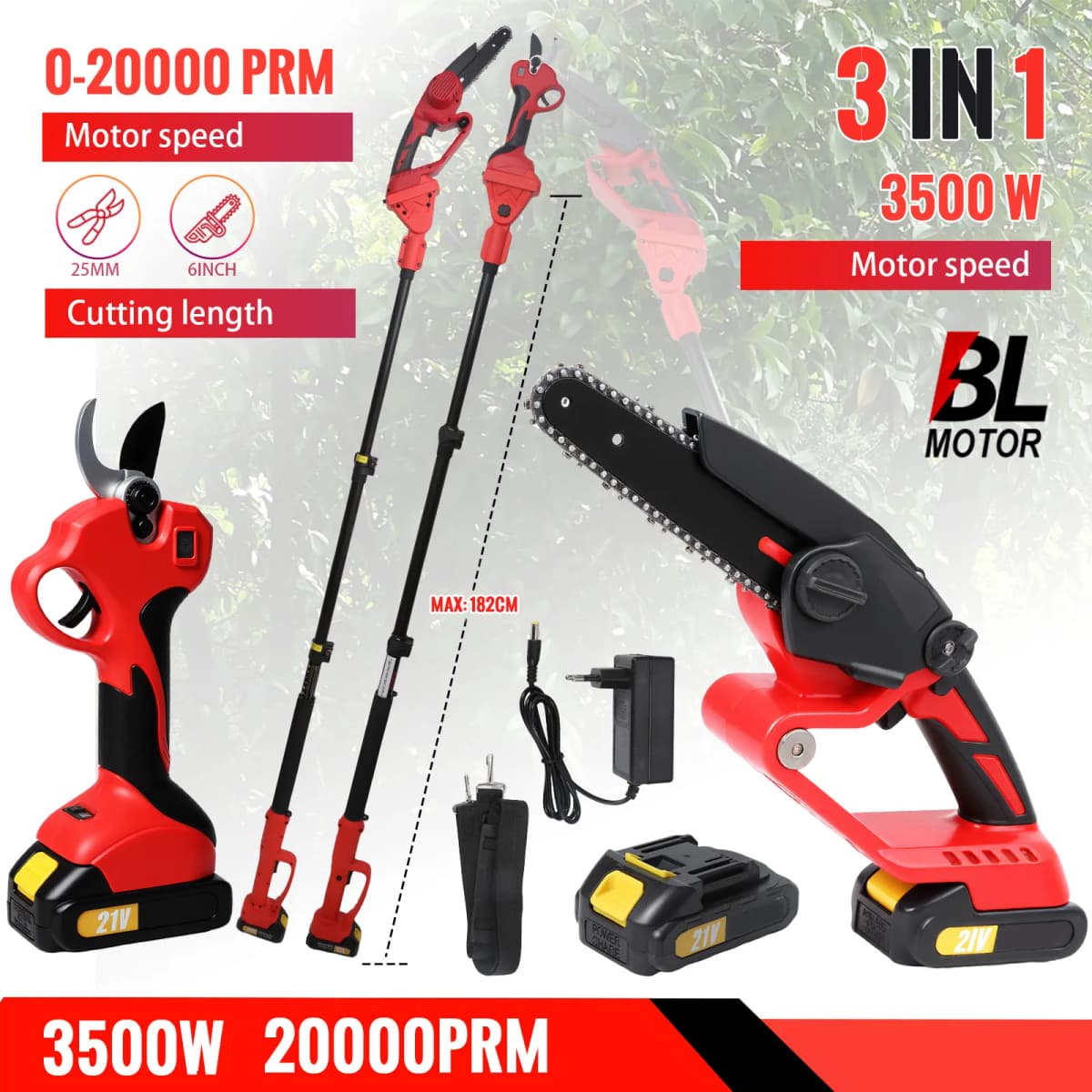 3-in-1 Telescopic Pole Chain Saw Electric High Branch Shears, 2 Batteries, 8.5-Inch Brushless Chain Saw, Used for Tree Pruning