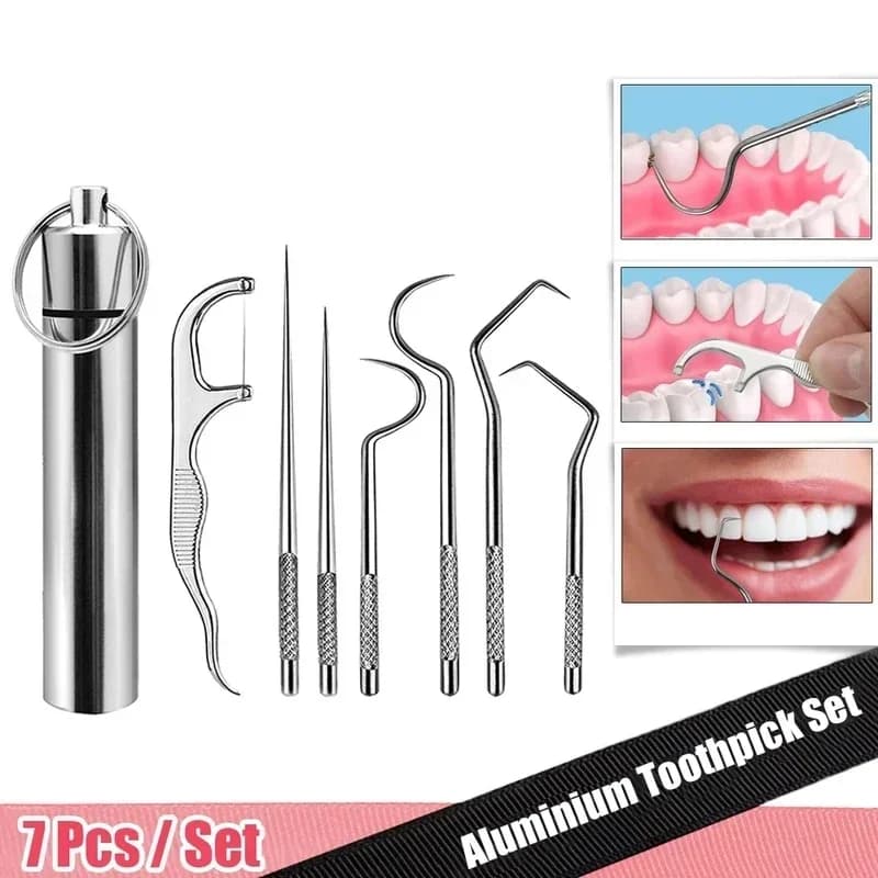 Stainless Steel Toothpicks Pocket Set, Portable Floss Pick Reusable Metal Toothpicks Tooth Cleaning Kit With Keychain Holder