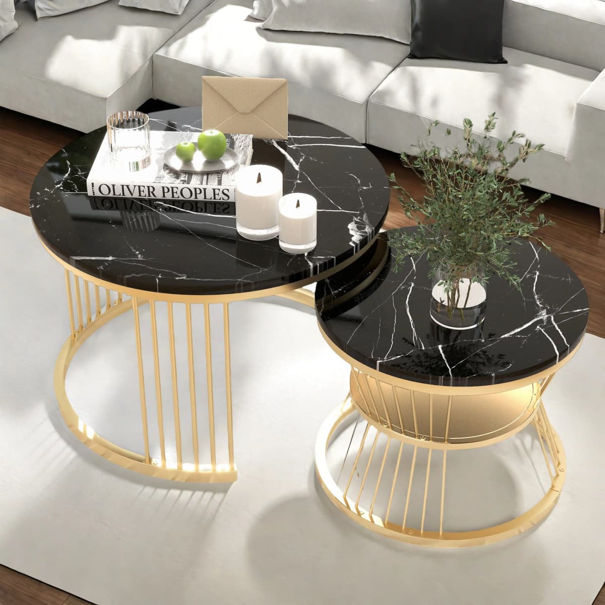 Anajqaqia Coffee Table, Set of 2, Modern Nesting Coffee Table, Living Room Table, Sofa Table, Metal Frame, Round, Black
