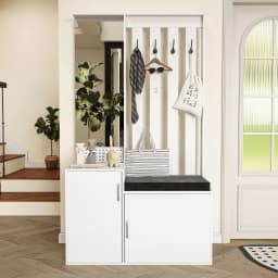 Anajqaqia Entryway Shoe Cabinet Combination, Featuring A Mirror, Drawers, Hooks, and A Removable Cushion, in White.