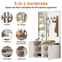 Anajqaqia Entryway Shoe Cabinet Combination, Featuring A Mirror, Drawers, Hooks, and A Removable Cushion, in White.