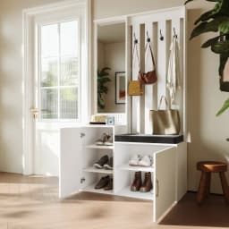 Anajqaqia Entryway Shoe Cabinet Combination, Featuring A Mirror, Drawers, Hooks, and A Removable Cushion, in White.