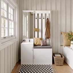 Anajqaqia Entryway Shoe Cabinet Combination, Featuring A Mirror, Drawers, Hooks, and A Removable Cushion, in White.