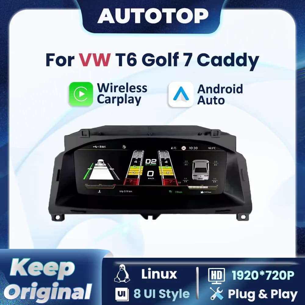 12.3”LCD Digital Dashboard Cluster For Volkswagen VW Golf 7 MK7 Caddy T6 Wireless CarPlay Android Auto Instrument Panel Cockpit
