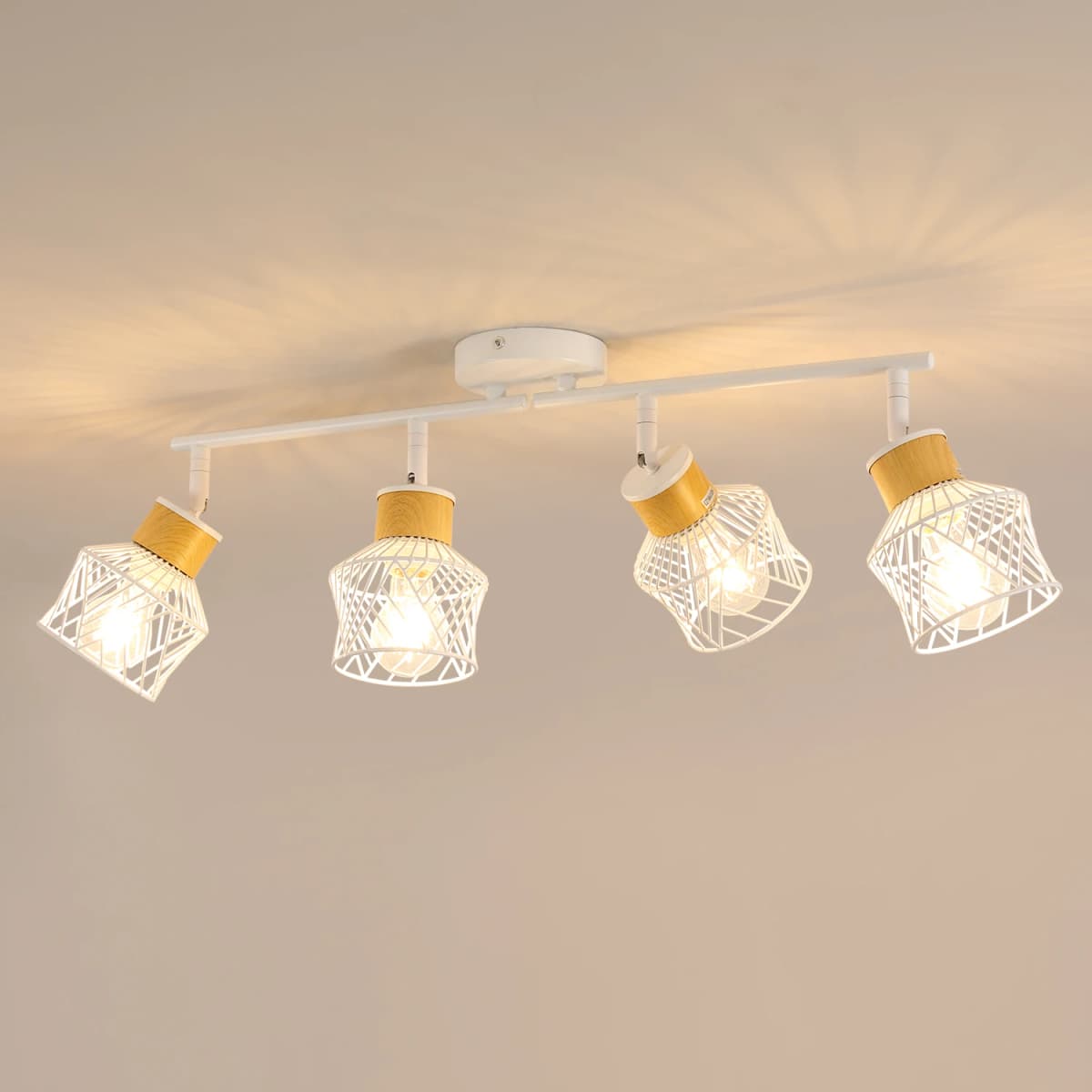Industrial 4 Way White Ceiling Spotlights E27 Base Adjustable Angle Indoor Spot Light for Kitchen Living Room (NO Bulbs)