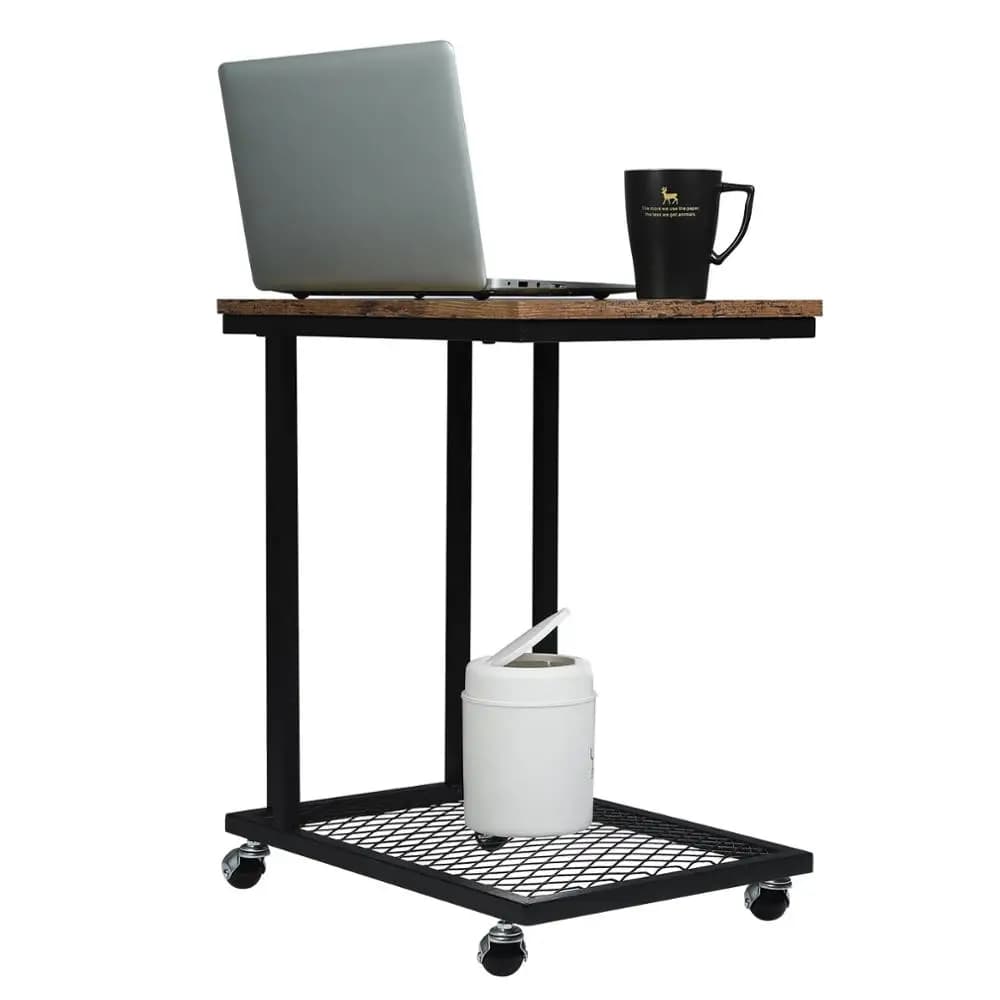WOLTU C-shape Coffee Table Side End Table on Wheels with Grid Storage Shelf Industrial Laptop Table Nightstand with Metal Frame