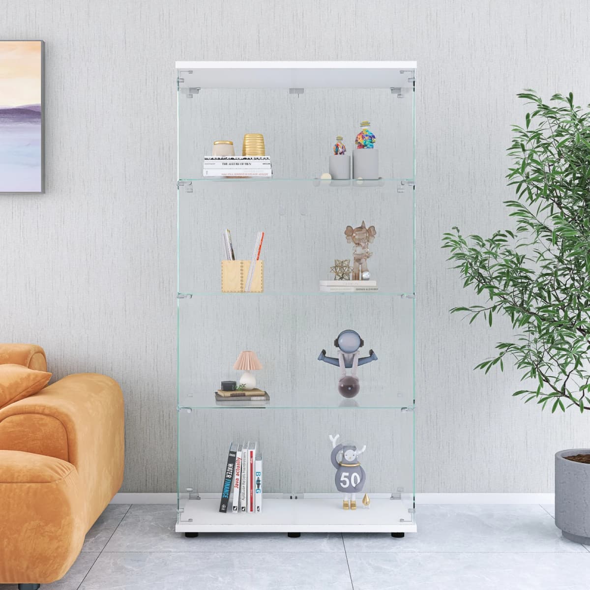 Comanlai Clear Display Stand, Tempered Glass Material, with 2-Door and 4 Shelves, Decorative Shelf, Wine Cabinet,for Living Room