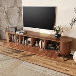 Walnut Wood TV Stand with 4 Cabinet Doors Golden Handles Wooden Legs and TV Panel Unique Design