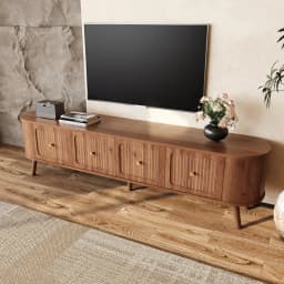 Walnut Wood TV Stand with 4 Cabinet Doors Golden Handles Wooden Legs and TV Panel Unique Design
