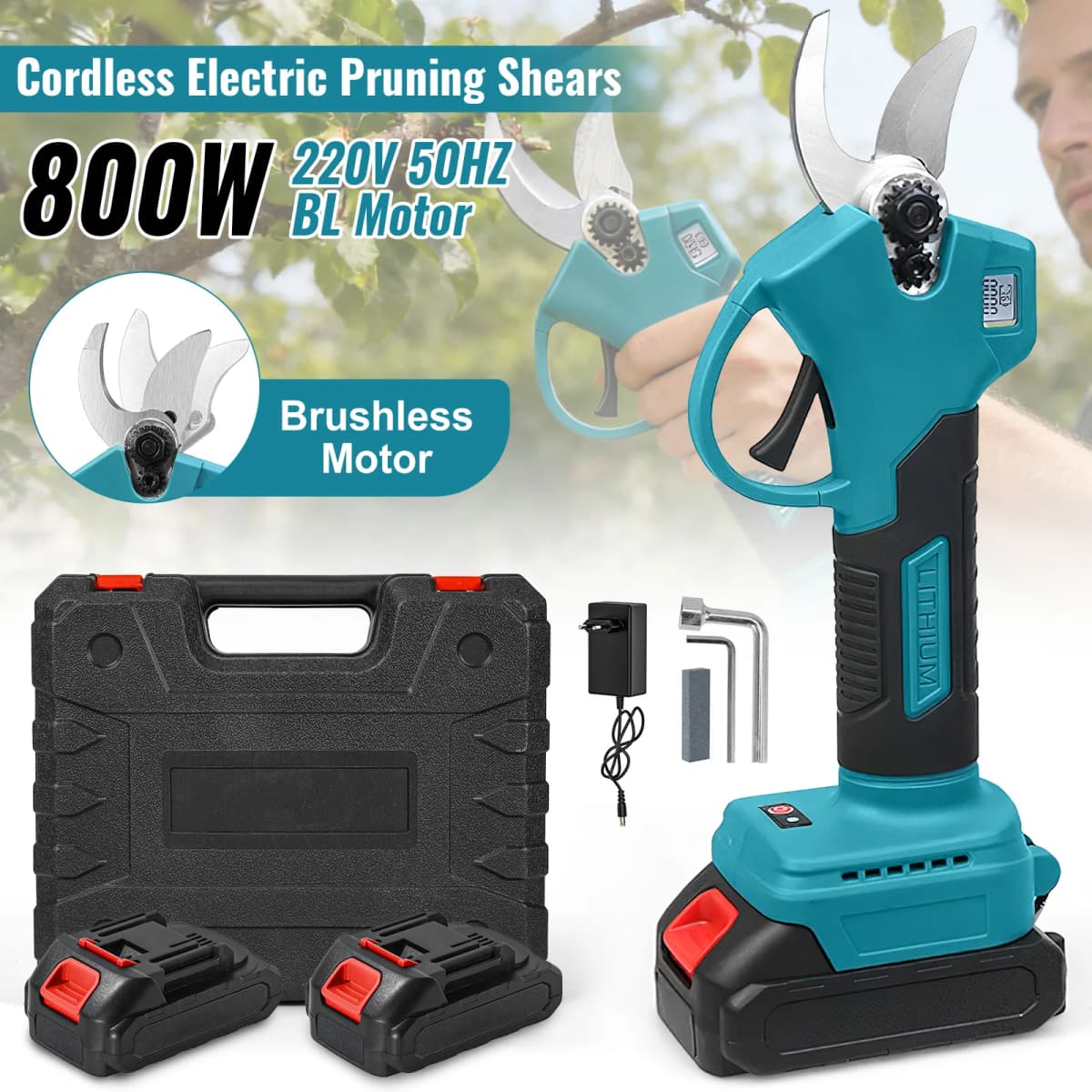 25MM 800W/500W Cordless Brushless Electric Pruning Shear Tree Bonsai Pruner Branches Cutter Power Tool For Battery(2* Battery)