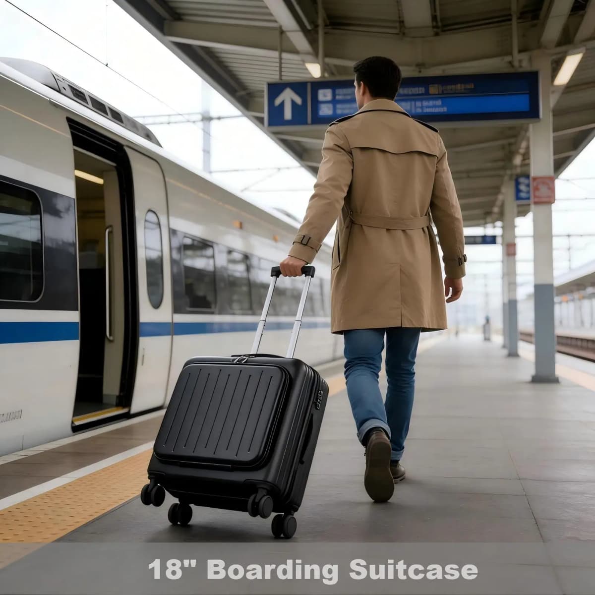 Black ABS 18 Inch Front Opening Multifunctional Luggage Compartment For Boarding Suitcase with Front Compartment Travel Luggage