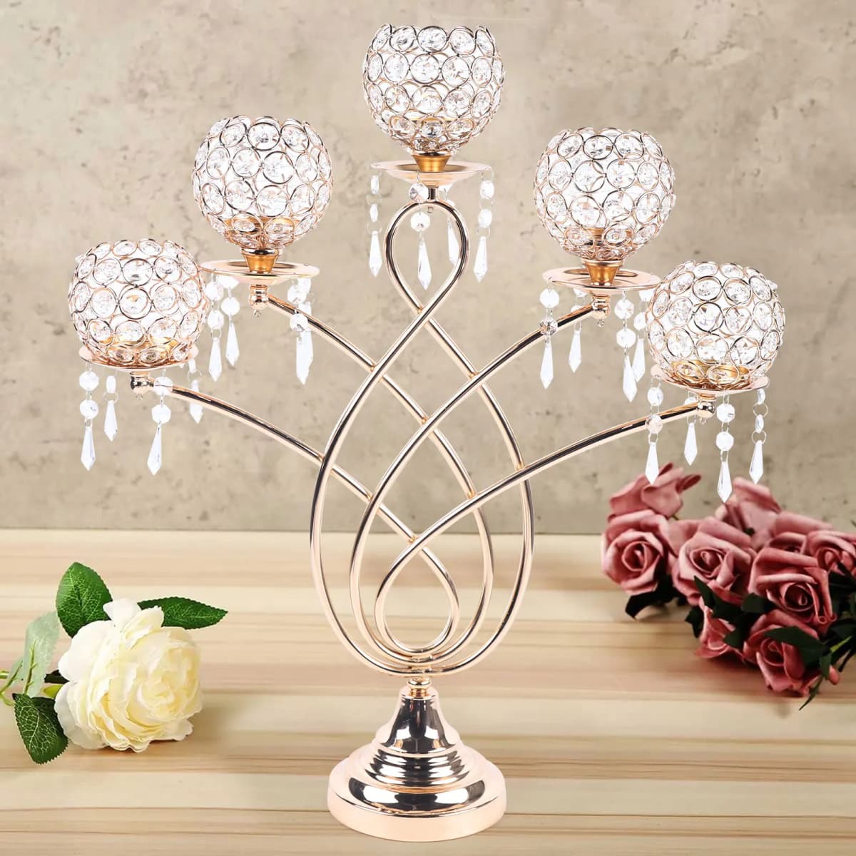 Crystal Decorative Candelabra Centerpiece 5-Arm Candlesticks Holder for Table Dining Table Home Decor Wedding Party Anniversary