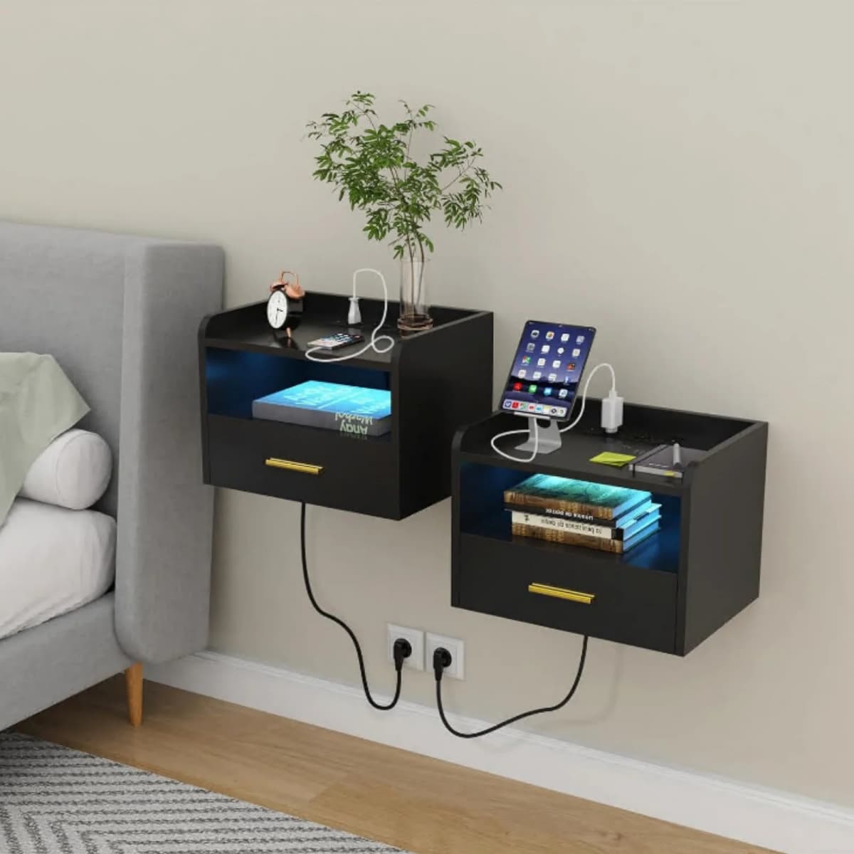 Wall-mounted Bedside Tables, Set of 2, with Open Storage and Drawers, Sockets and Interfaces, Modern, for Living Room, Bedroom
