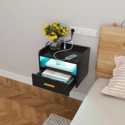 Wall-mounted Bedside Tables, Set of 2, with Open Storage and Drawers, Sockets and Interfaces, Modern, for Living Room, Bedroom