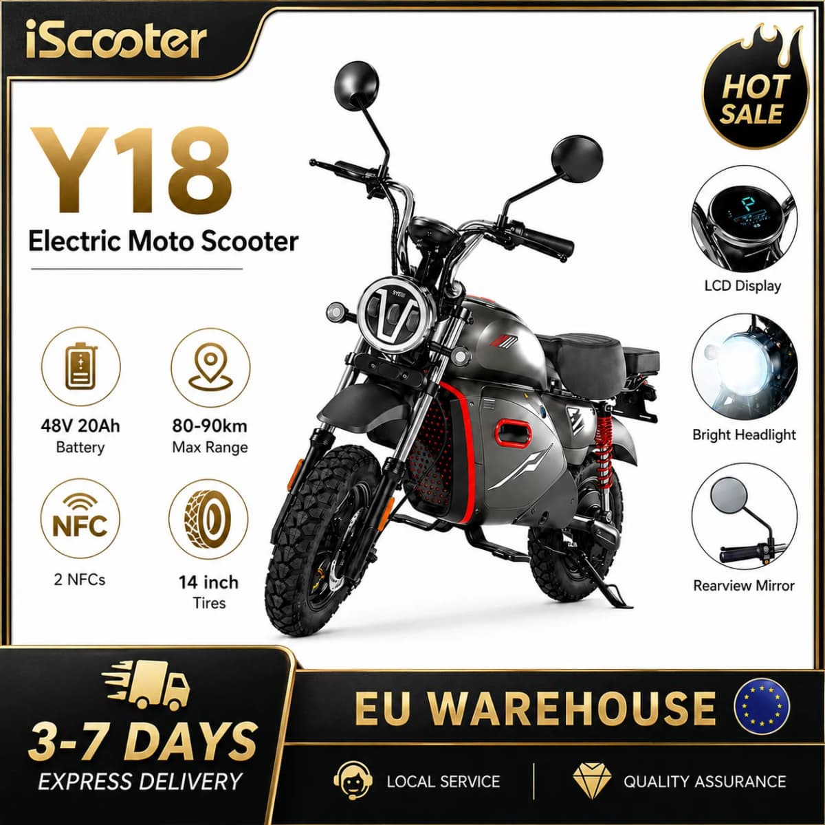 Y18 2000W Electric Moto Scooter 48V 20Ah Battery 55km/h Max Speed 80-90km Range With Storage Space 15 inch Vacuum-Inflated Tires