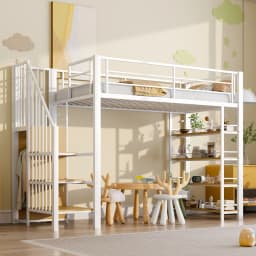 90*200cm High Loft Bed with Safety Staircase, Storage Room & Small Wardrobe, Recessed Floors & Tall Guardrails, Single Bed