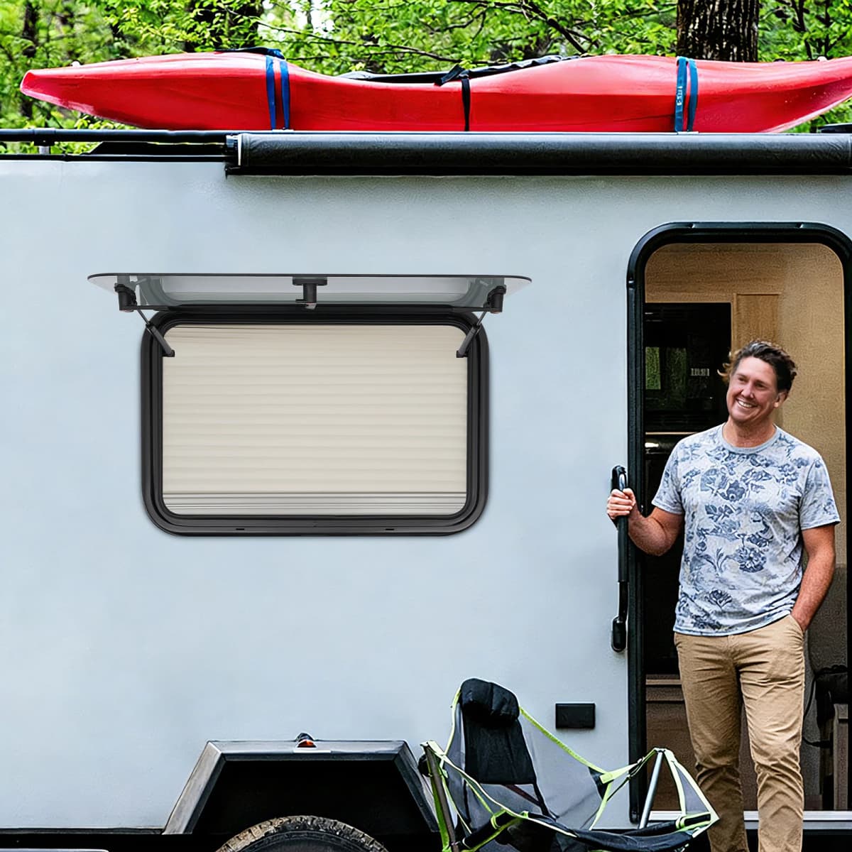 RV Push Out Window 70x45cm Tempered Glass with Built-in Sunshade Screen for Camper Van Trailer Motorhome Replacement