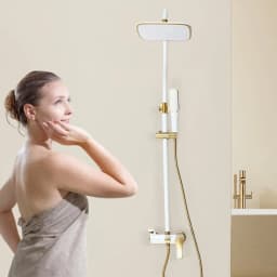 Shower System, Height Adjustable with Thermostat,Rain Shower, Hand Shower, Shower Set, Stainless Steel, Brass(White, Gold)