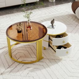 2-in-1 Round Nesting Coffee Table Set MDF with Tempered Glass 2 Storage Drawers Coffee Table Combination 70*70*45+50*50*40cm