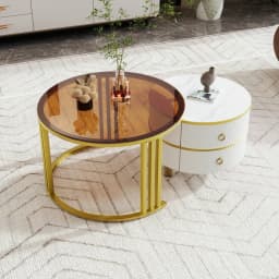 2-in-1 Round Nesting Coffee Table Set MDF with Tempered Glass 2 Storage Drawers Coffee Table Combination 70*70*45+50*50*40cm