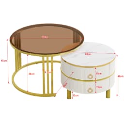2-in-1 Round Nesting Coffee Table Set MDF with Tempered Glass 2 Storage Drawers Coffee Table Combination 70*70*45+50*50*40cm