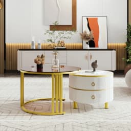 2-in-1 Round Nesting Coffee Table Set MDF with Tempered Glass 2 Storage Drawers Coffee Table Combination 70*70*45+50*50*40cm
