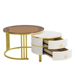 2-in-1 Round Nesting Coffee Table Set MDF with Tempered Glass 2 Storage Drawers Coffee Table Combination 70*70*45+50*50*40cm