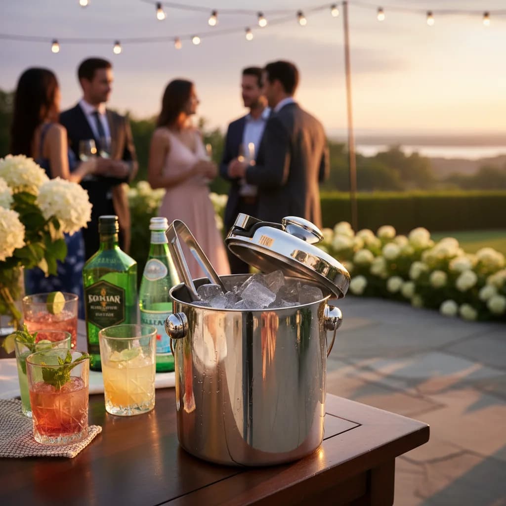 Double-Wall Insulated Ice Bucket 304 Stainless Steel Cocktail Cooler with Ice Tongs & Strainer, For Party BBQ Bar Outdoor Picnic