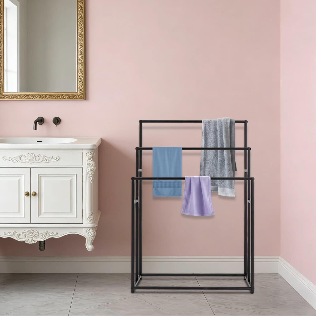 3-tier Towel Holder Stand, Bath Towel Shelf Drying Towels Large Freestanding Towel Rack for Bathroom or Pool Black