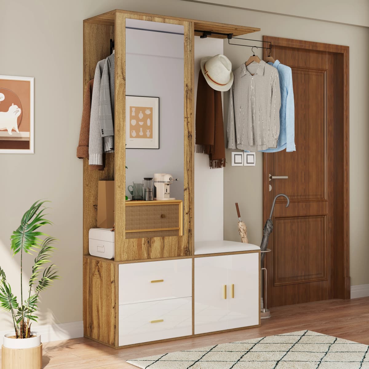Elegant Wardrobe Set In White And Wooden Colors With Mirror, Shoe Cabinet, Shoe Bench With Hooks And Extendable Wardrobe Bar