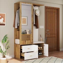 Elegant Wardrobe Set In White And Wooden Colors With Mirror, Shoe Cabinet, Shoe Bench With Hooks And Extendable Wardrobe Bar