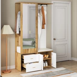 Elegant Wardrobe Set In White And Wooden Colors With Mirror, Shoe Cabinet, Shoe Bench With Hooks And Extendable Wardrobe Bar