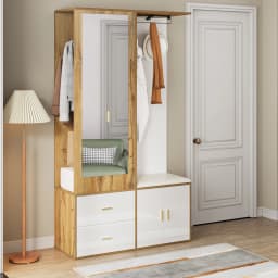 Elegant Wardrobe Set In White And Wooden Colors With Mirror, Shoe Cabinet, Shoe Bench With Hooks And Extendable Wardrobe Bar