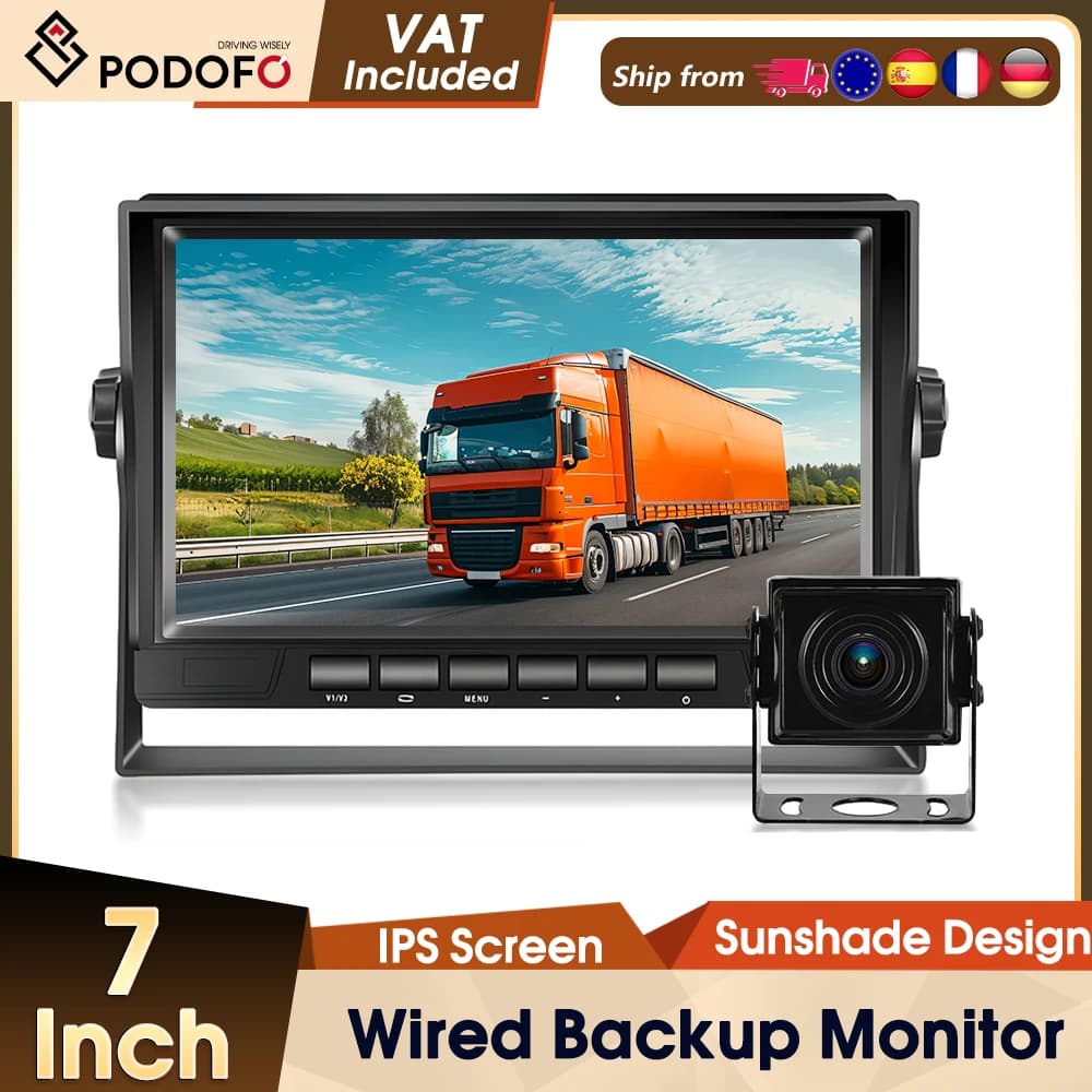 Podofo Car Monitor with 2 Channel Back-up Camera 1280*720 IP69 Waterproof Super Night Vision Reverse Monitor for Trucks Vans Bus