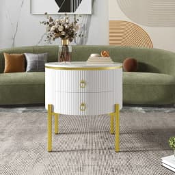 Modern Luxury Side Table Set with Storage Drawers, Marble Texture Surface Golden Metal Legs & Handles Adjustable Elegant