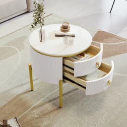 Modern Luxury Side Table Set with Storage Drawers, Marble Texture Surface Golden Metal Legs & Handles Adjustable Elegant