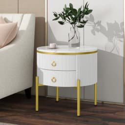 Modern Luxury Side Table Set with Storage Drawers, Marble Texture Surface Golden Metal Legs & Handles Adjustable Elegant